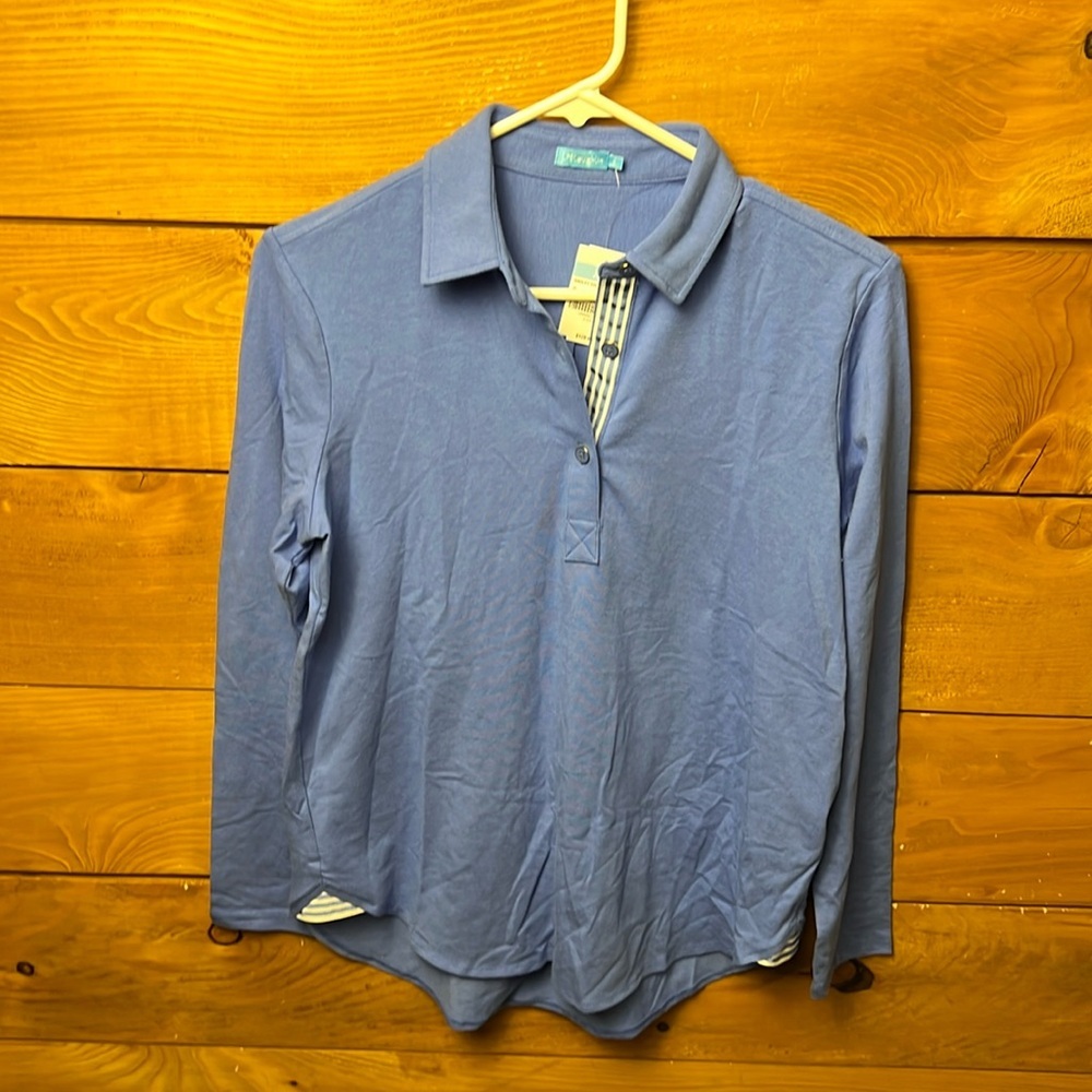 J McLaughlin womens Hadley top French blue long sleeve Sm 1/4 button stretch NWT